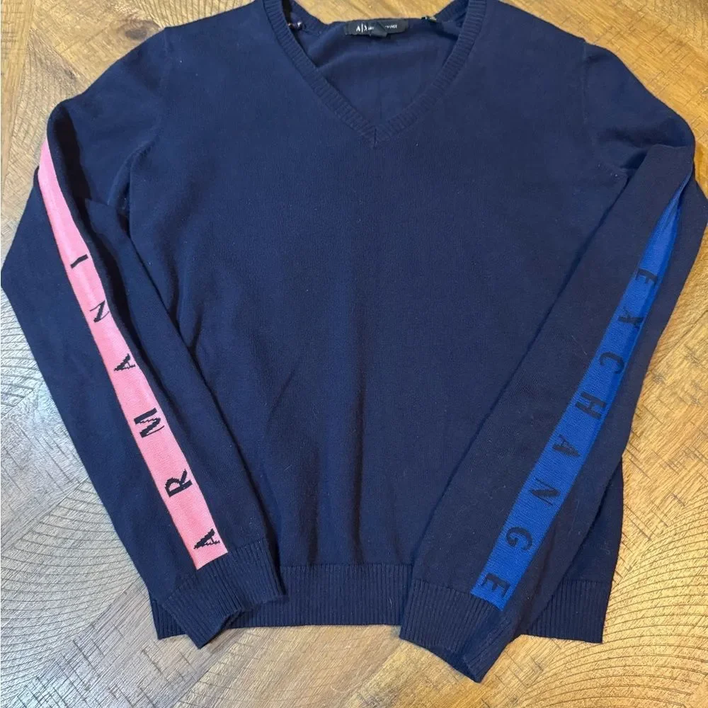 A/X Armani Exchange Women’s V-Neck Sweater in Navy with Pink and Blue Accents